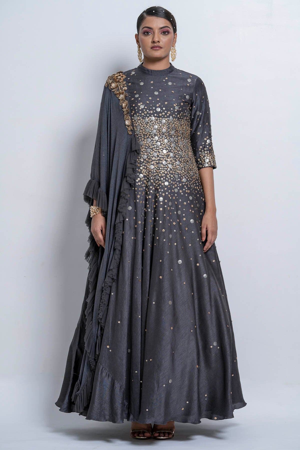 Grey Sequins Anarkali Gown at ScrollnShops